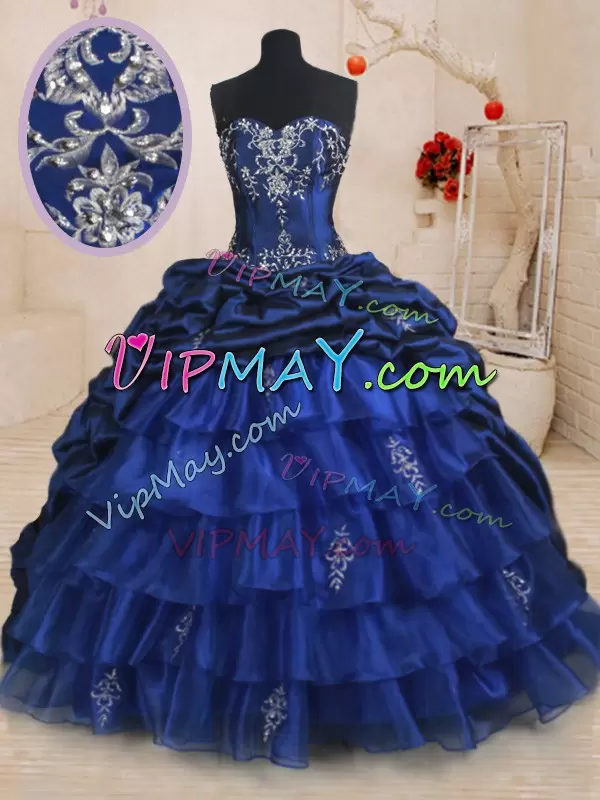 Chic Royal Blue Sleeveless With Train Beading and Ruffled Layers and Pick Ups Lace Up Sweet 16 Dresses Sweetheart