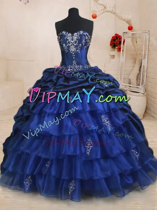 Chic Royal Blue Sleeveless With Train Beading and Ruffled Layers and Pick Ups Lace Up Sweet 16 Dresses Sweetheart