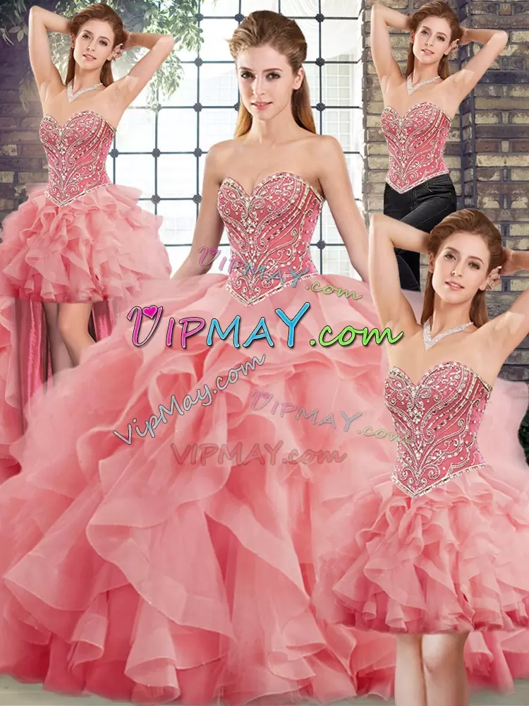 Watermelon Red Sleeveless Tulle Brush Train Lace Up Quinceanera Dress for Military Ball and Sweet 16 and Quinceanera