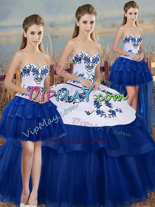 Royal Blue Ball Gowns Embroidery and Bowknot Sweet 16 Dress Lace Up Tulle Sleeveless Floor Length