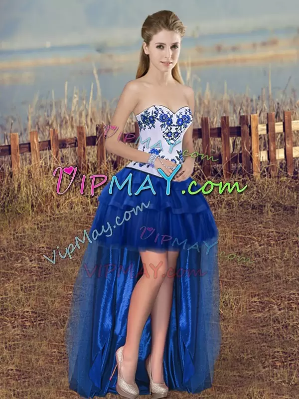 Royal Blue Ball Gowns Embroidery and Bowknot Sweet 16 Dress Lace Up Tulle Sleeveless Floor Length