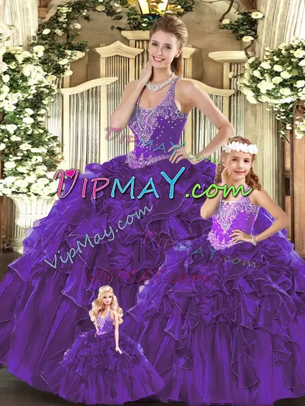 Exceptional Ball Gowns Vestidos de Quinceanera Purple Straps Organza Sleeveless Floor Length Lace Up