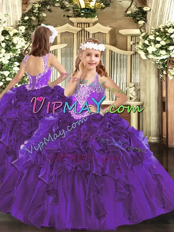 Exceptional Ball Gowns Vestidos de Quinceanera Purple Straps Organza Sleeveless Floor Length Lace Up