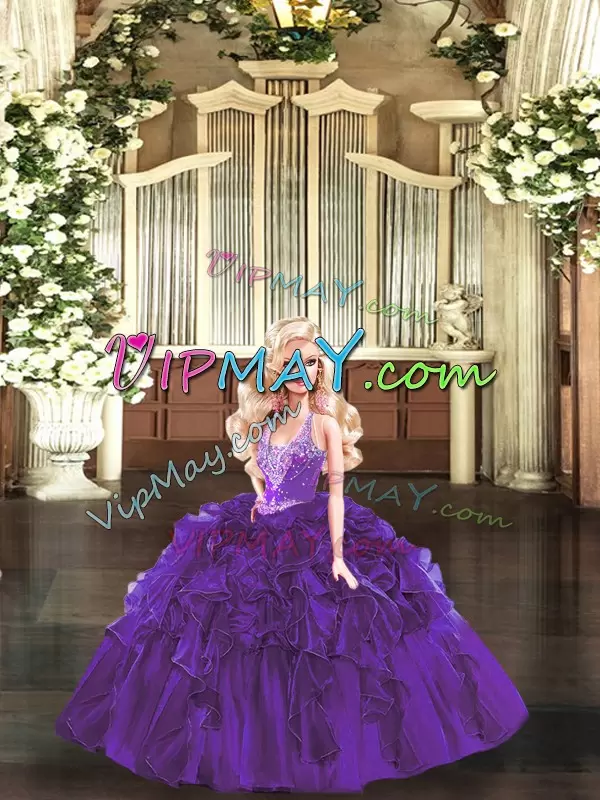 Exceptional Ball Gowns Vestidos de Quinceanera Purple Straps Organza Sleeveless Floor Length Lace Up