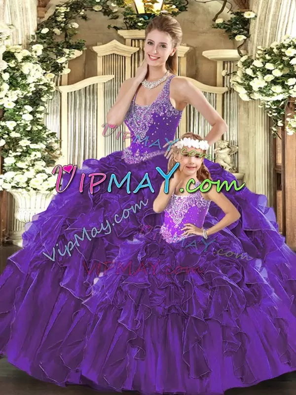 Exceptional Ball Gowns Vestidos de Quinceanera Purple Straps Organza Sleeveless Floor Length Lace Up