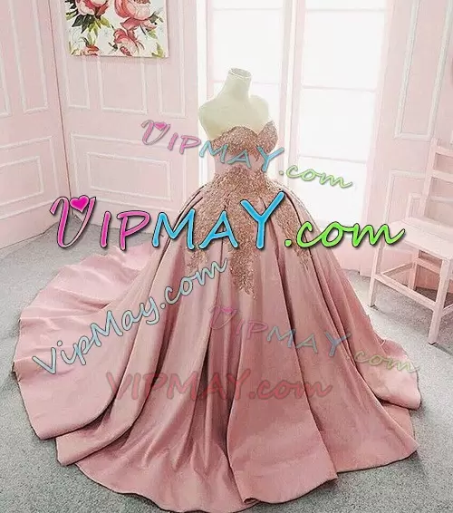 Pink Ball Gowns Sweetheart Sleeveless Satin With Train Court Train Lace Up Appliques 15 Quinceanera Dress