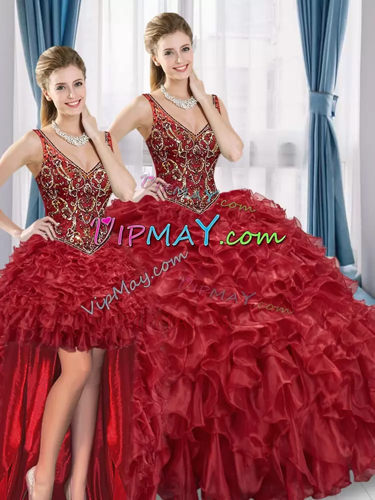 High Class V-neck Sleeveless Organza Quinceanera Gowns Beading and Ruffles Lace Up