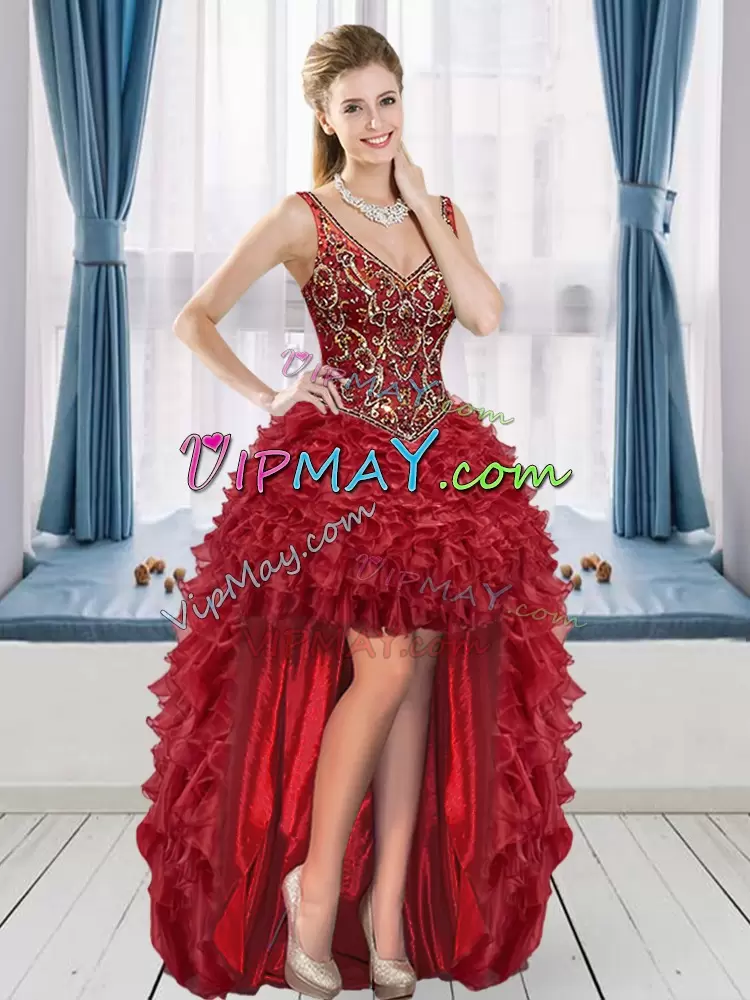 High Class V-neck Sleeveless Organza Quinceanera Gowns Beading and Ruffles Lace Up