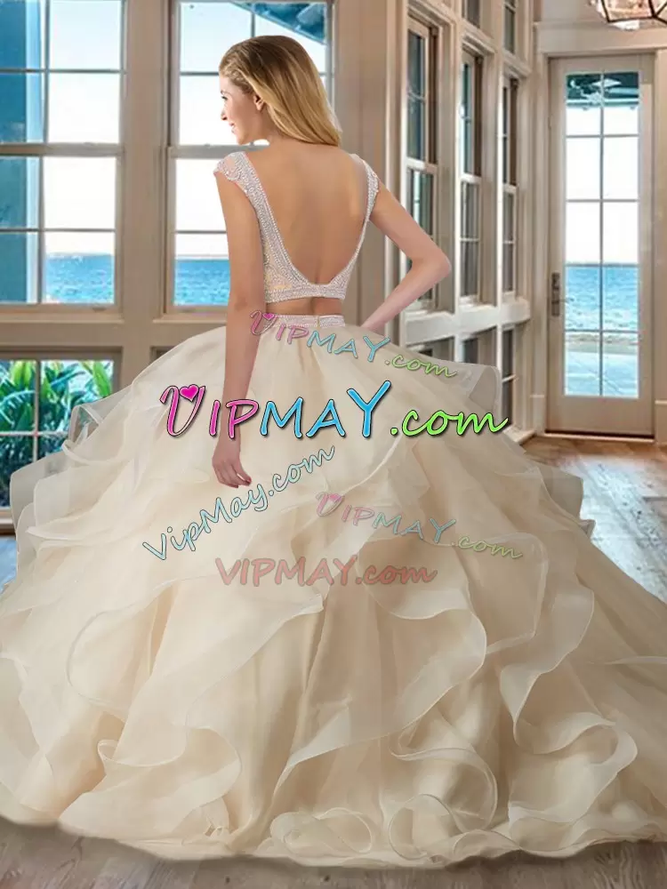 Glorious Scoop Cap Sleeves Organza Quinceanera Dresses Beading and Ruffles Backless