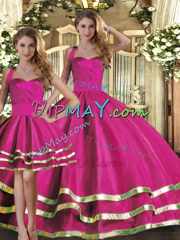 Best Selling Sleeveless Tulle Floor Length Lace Up 15th Birthday Dress in Fuchsia with Ruffled Layers