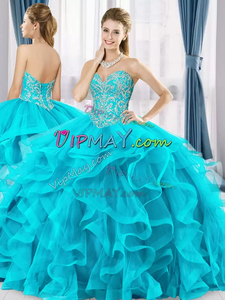 Most Popular Blue Sleeveless Tulle Lace Up Ball Gown Prom Dress for Military Ball and Sweet 16 and Quinceanera