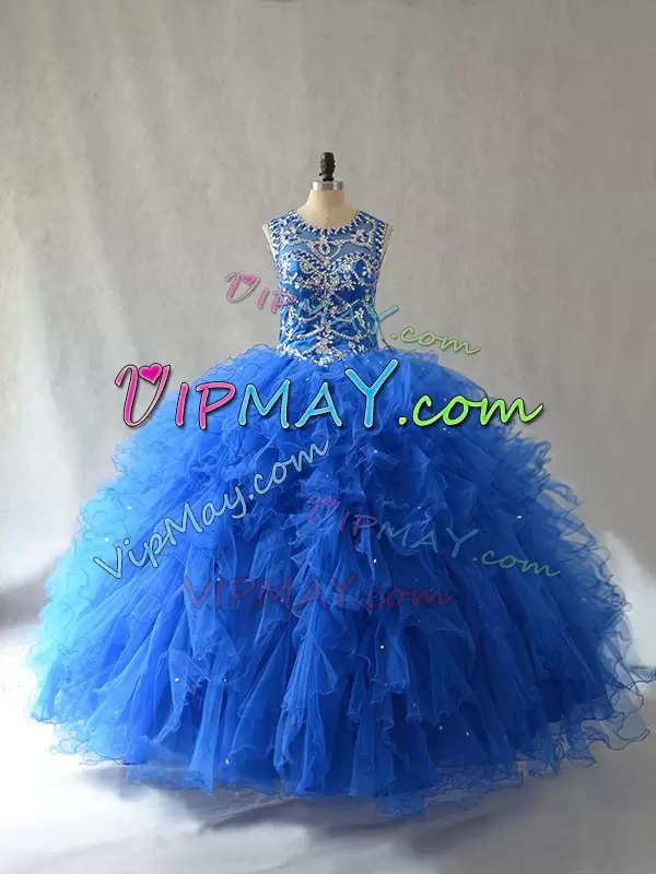 Blue Sleeveless Floor Length Beading and Ruffles Side Zipper Quinceanera Dresses Scoop