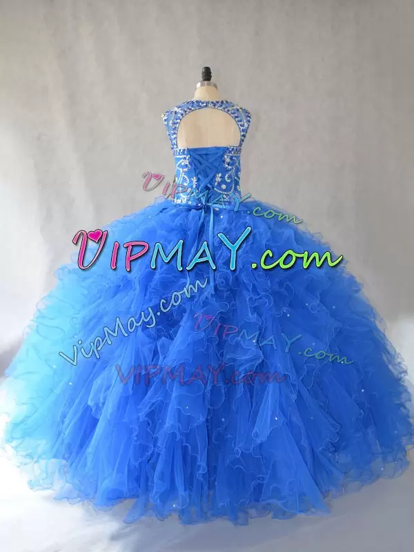 Blue Sleeveless Floor Length Beading and Ruffles Side Zipper Quinceanera Dresses Scoop