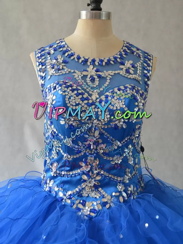 Blue Sleeveless Floor Length Beading and Ruffles Side Zipper Quinceanera Dresses Scoop