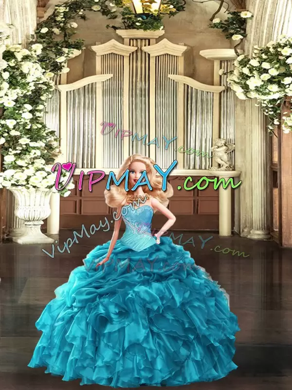 Graceful Sleeveless Tulle Floor Length Lace Up Quinceanera Dress in Teal with Beading and Ruffles and Ruching and Pick Ups