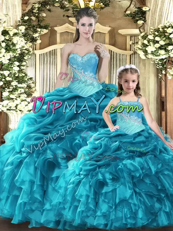 Graceful Sleeveless Tulle Floor Length Lace Up Quinceanera Dress in Teal with Beading and Ruffles and Ruching and Pick Ups