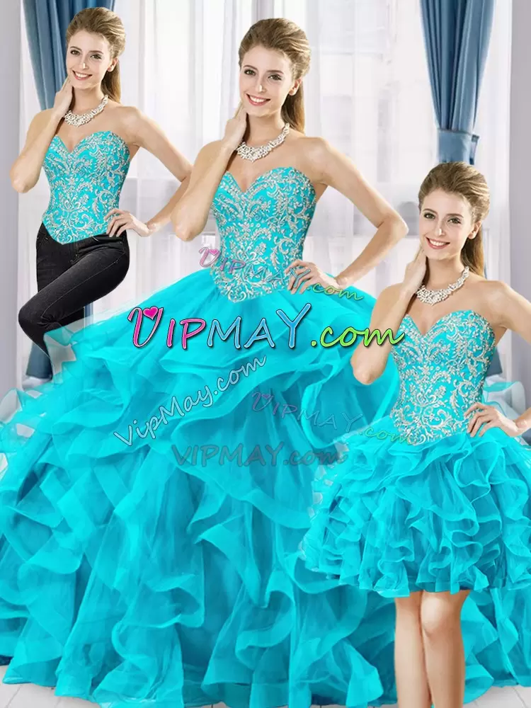 Sumptuous Aqua Blue Vestidos de Quinceanera Military Ball and Sweet 16 and Quinceanera with Beading and Ruffles Sweetheart Sleeveless Lace Up