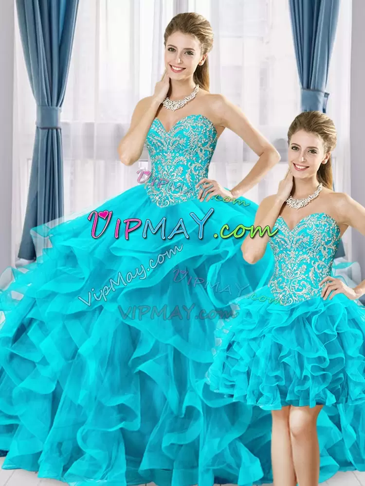 Sumptuous Aqua Blue Vestidos de Quinceanera Military Ball and Sweet 16 and Quinceanera with Beading and Ruffles Sweetheart Sleeveless Lace Up