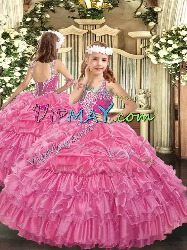 Glittering Straps Sleeveless Tulle Ball Gown Prom Dress Ruffles and Pick Ups Lace Up