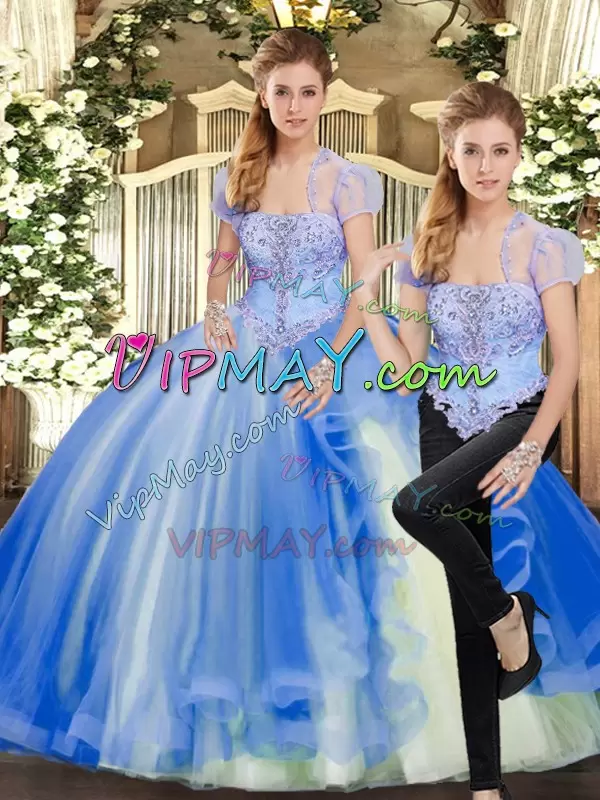 Luxury Blue Tulle Lace Up Quinceanera Dresses Sleeveless Floor Length Beading and Ruffles