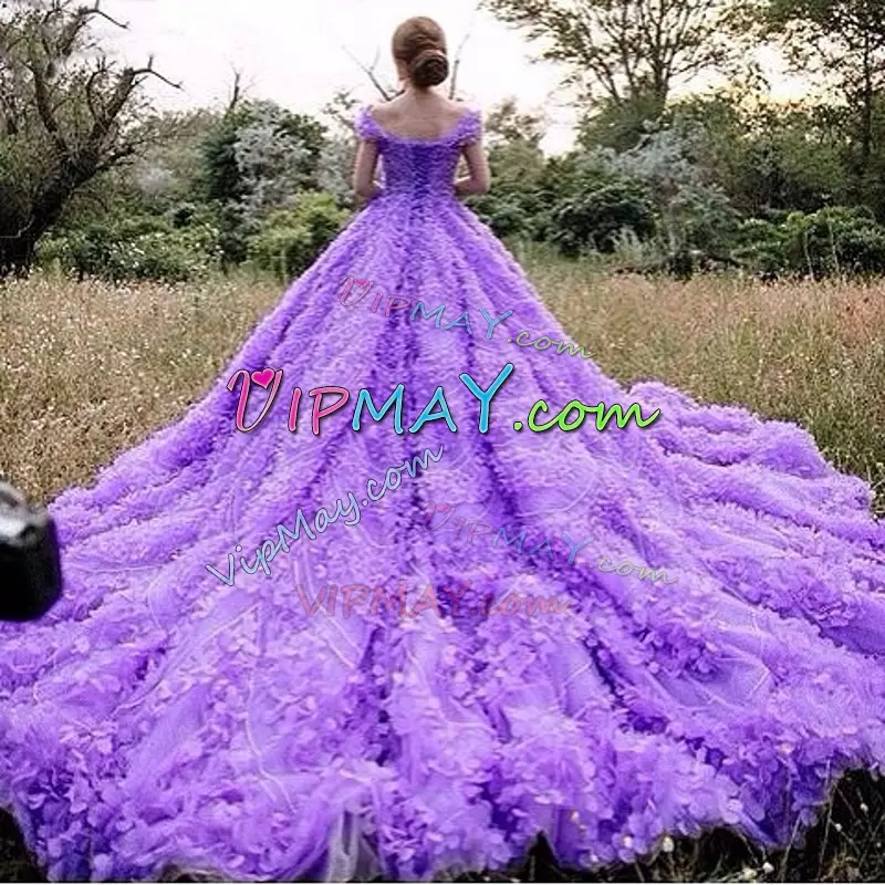 Exceptional Lavender Lace Up 15 Quinceanera Dress Hand Made Flower Long Sleeves Cathedral Train