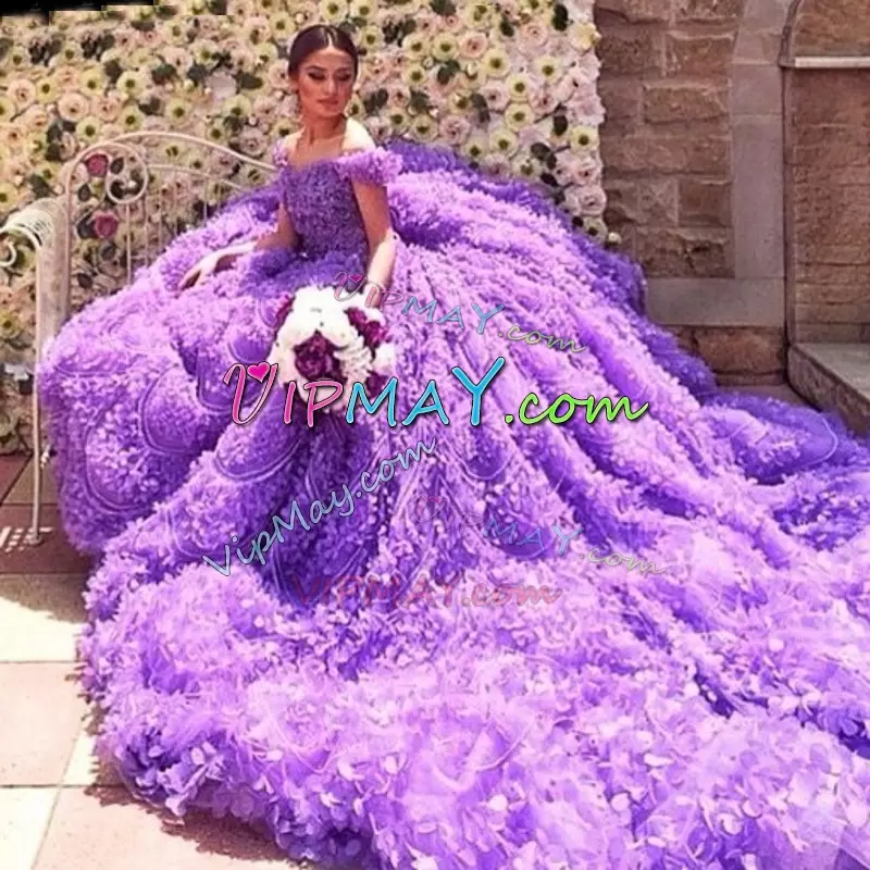 Exceptional Lavender Lace Up 15 Quinceanera Dress Hand Made Flower Long Sleeves Cathedral Train