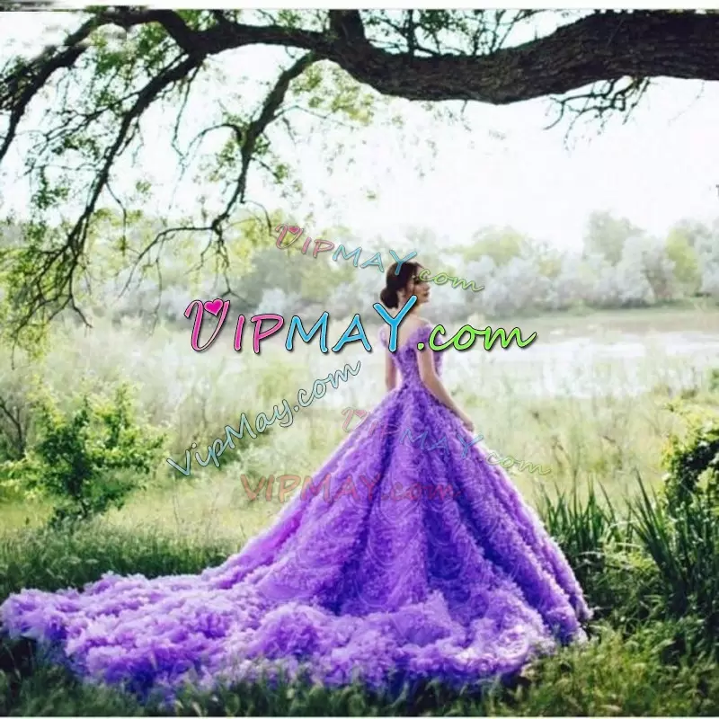 Exceptional Lavender Lace Up 15 Quinceanera Dress Hand Made Flower Long Sleeves Cathedral Train