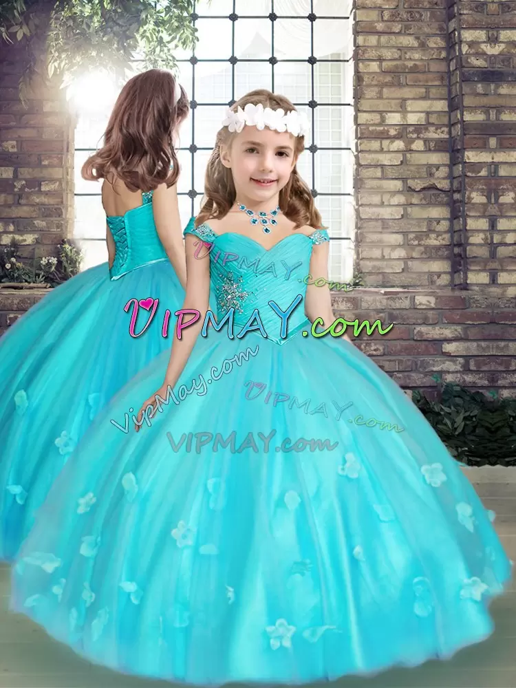 Off The Shoulder Sleeveless Lace Up Vestidos de Quinceanera Aqua Blue Tulle Beading and Appliques