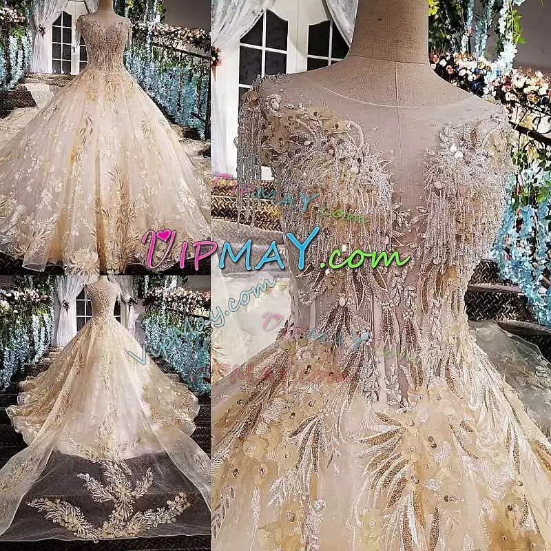 Sparkly Sequined See Throught Bodice Quinceanera Dress with Cathedral Train