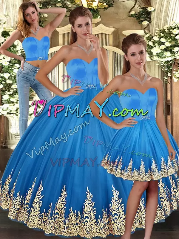 Hot Sale Baby Blue Three Pieces Sweetheart Sleeveless Tulle Floor Length Lace Up Embroidery Sweet 16 Dresses