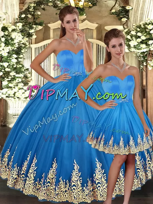 Hot Sale Baby Blue Three Pieces Sweetheart Sleeveless Tulle Floor Length Lace Up Embroidery Sweet 16 Dresses