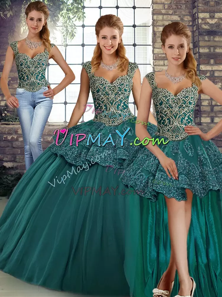 Attractive Sleeveless Straps Beading and Appliques Lace Up Sweet 16 Dresses