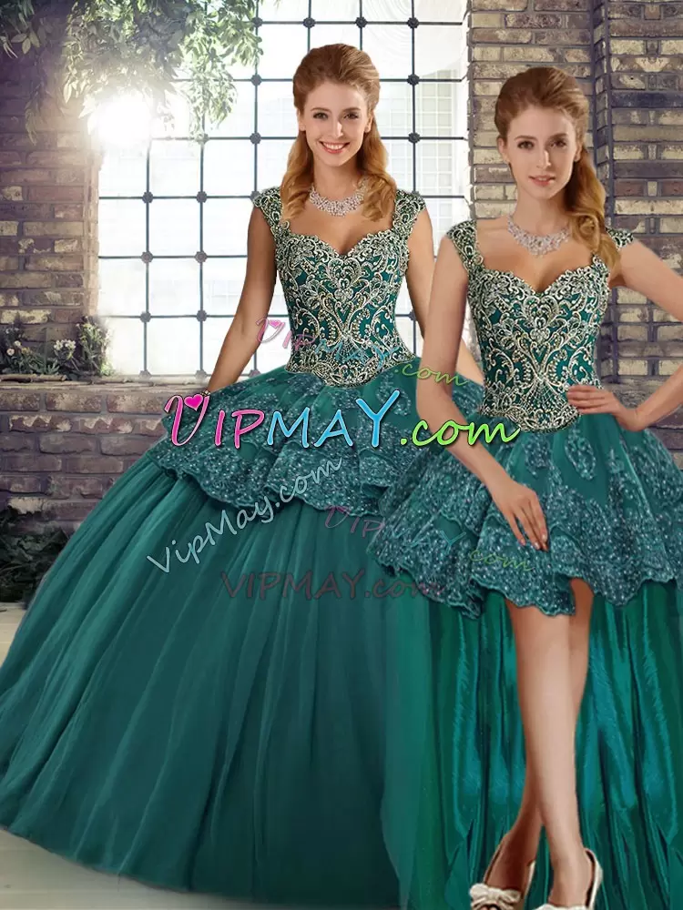 Attractive Sleeveless Straps Beading and Appliques Lace Up Sweet 16 Dresses