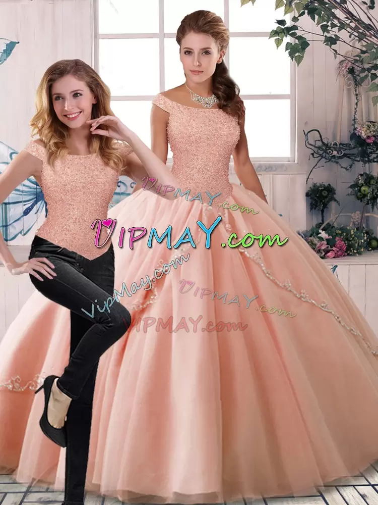 Comfortable Peach Sleeveless Tulle Brush Train Lace Up Sweet 16 Dress for Military Ball and Sweet 16 and Quinceanera