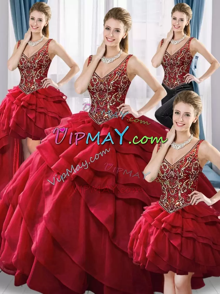 Floor Length Wine Red 15 Quinceanera Dress V-neck Sleeveless Lace Up