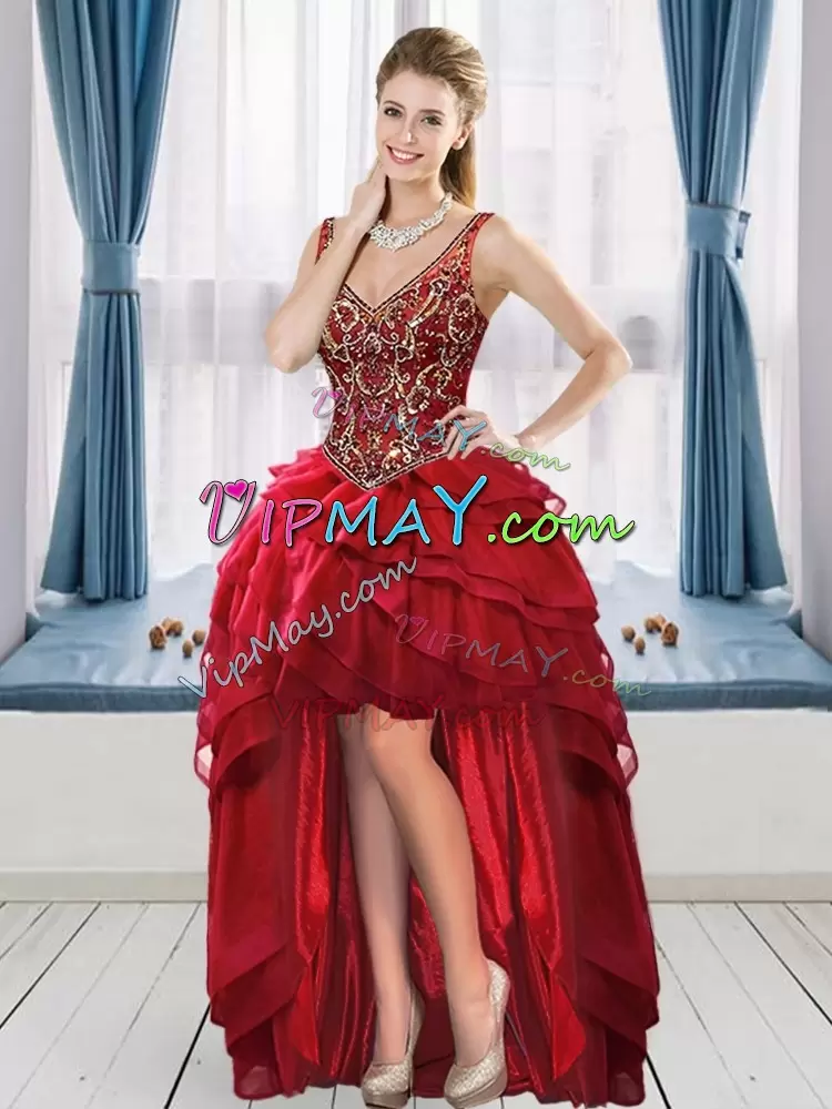 Floor Length Wine Red 15 Quinceanera Dress V-neck Sleeveless Lace Up