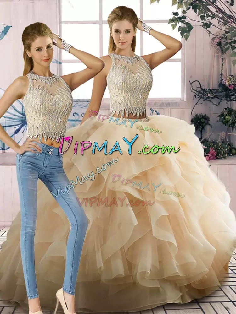 Champagne Sleeveless Beading and Ruffles Floor Length Quinceanera Gowns