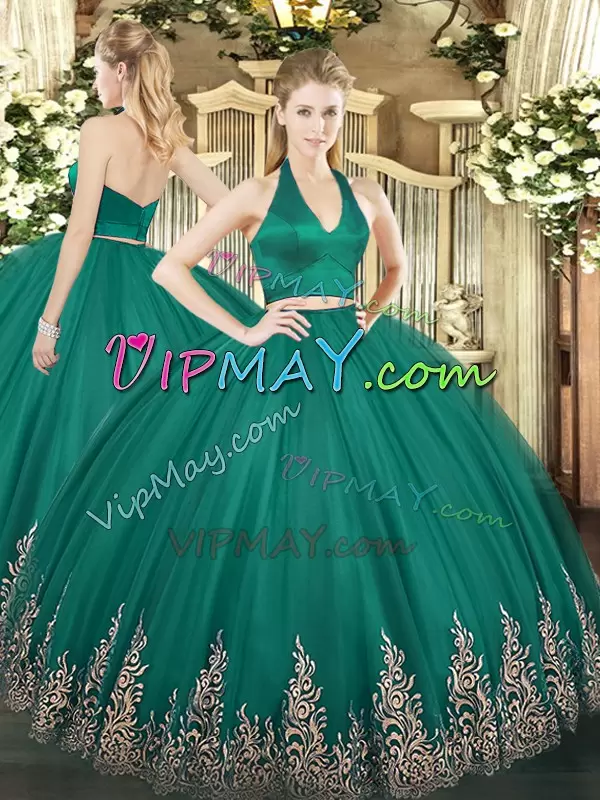 Dark Green Two Pieces Appliques Ball Gown Prom Dress Zipper Tulle Sleeveless Floor Length