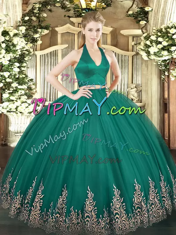 Dark Green Two Pieces Appliques Ball Gown Prom Dress Zipper Tulle Sleeveless Floor Length