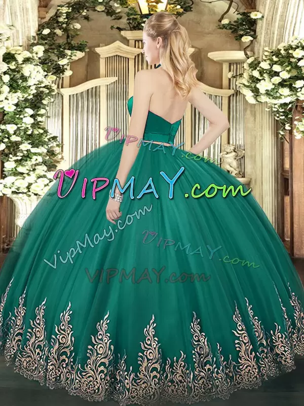 Dark Green Two Pieces Appliques Ball Gown Prom Dress Zipper Tulle Sleeveless Floor Length