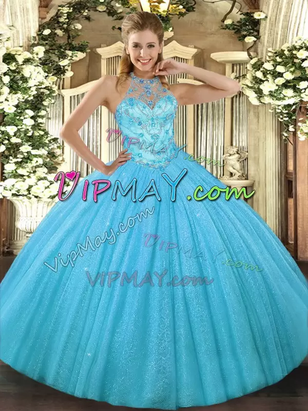 Fabulous Aqua Blue Tulle Lace Up Halter Top Sleeveless Floor Length Quinceanera Dress Beading and Embroidery