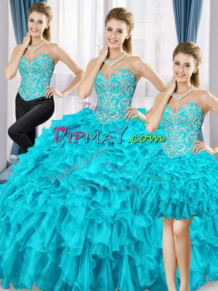 Vintage Sleeveless Organza Floor Length Lace Up Quinceanera Gown in Aqua Blue with Beading and Ruffles