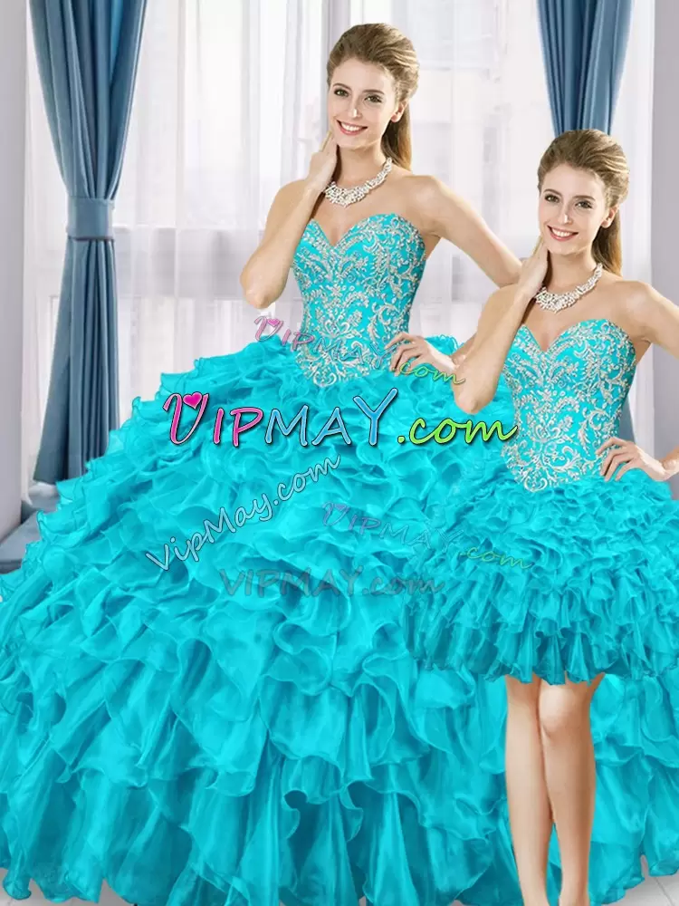 Vintage Sleeveless Organza Floor Length Lace Up Quinceanera Gown in Aqua Blue with Beading and Ruffles