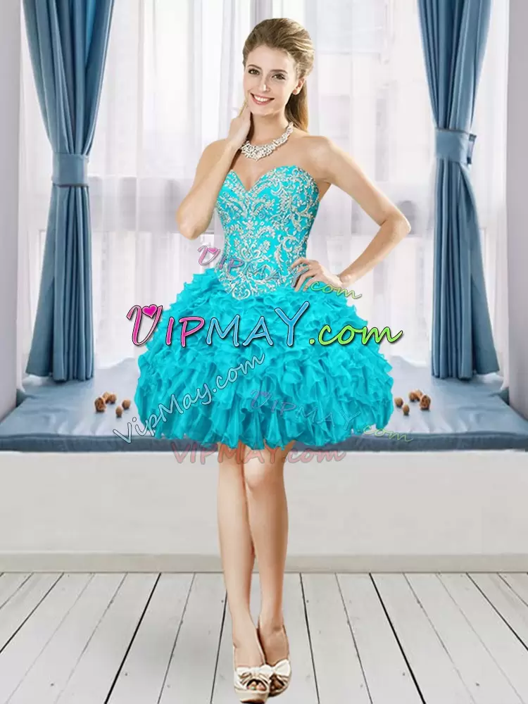 Vintage Sleeveless Organza Floor Length Lace Up Quinceanera Gown in Aqua Blue with Beading and Ruffles