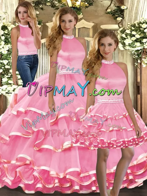 Exceptional Pink Sleeveless Floor Length Beading and Ruffled Layers Backless Ball Gown Prom Dress Halter Top