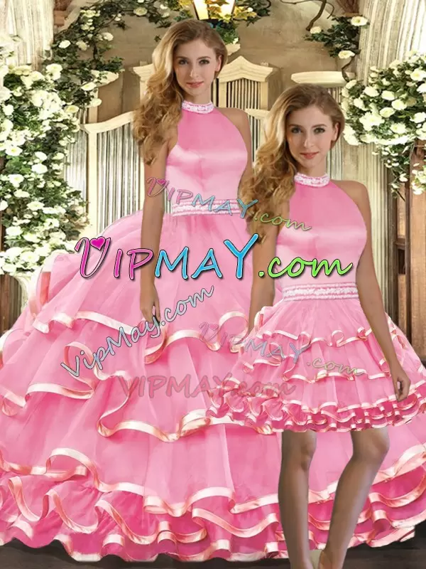 Exceptional Pink Sleeveless Floor Length Beading and Ruffled Layers Backless Ball Gown Prom Dress Halter Top