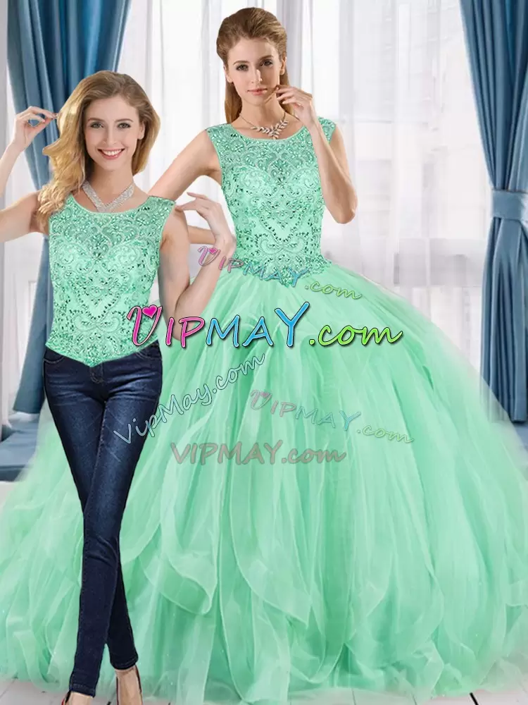 Apple Green Scoop Lace Up Beading Vestidos de Quinceanera Sleeveless