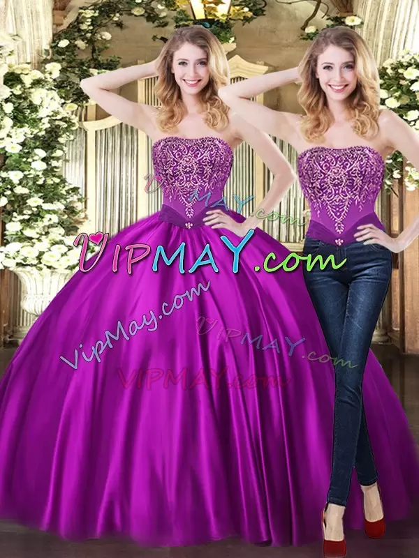 Attractive Purple Lace Up Quinceanera Dress Beading Sleeveless Floor Length