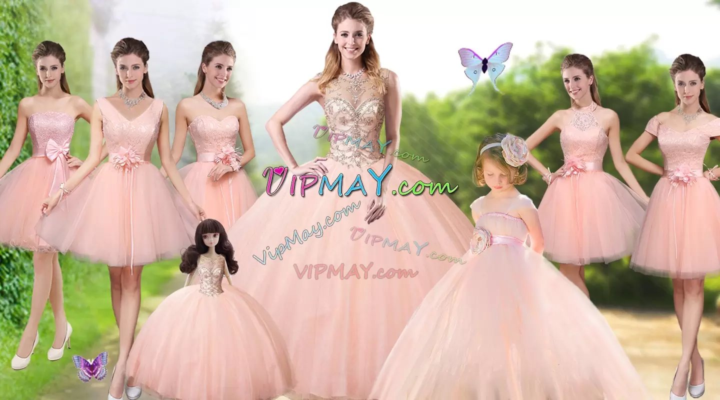 High-neck Sleeveless Lace Up Quinceanera Dress Peach Tulle Beading