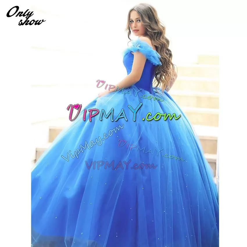 Best Selling Off The Shoulder Sleeveless Quinceanera Dress With Train Sweep Train Beading and Bowknot Royal Blue Tulle